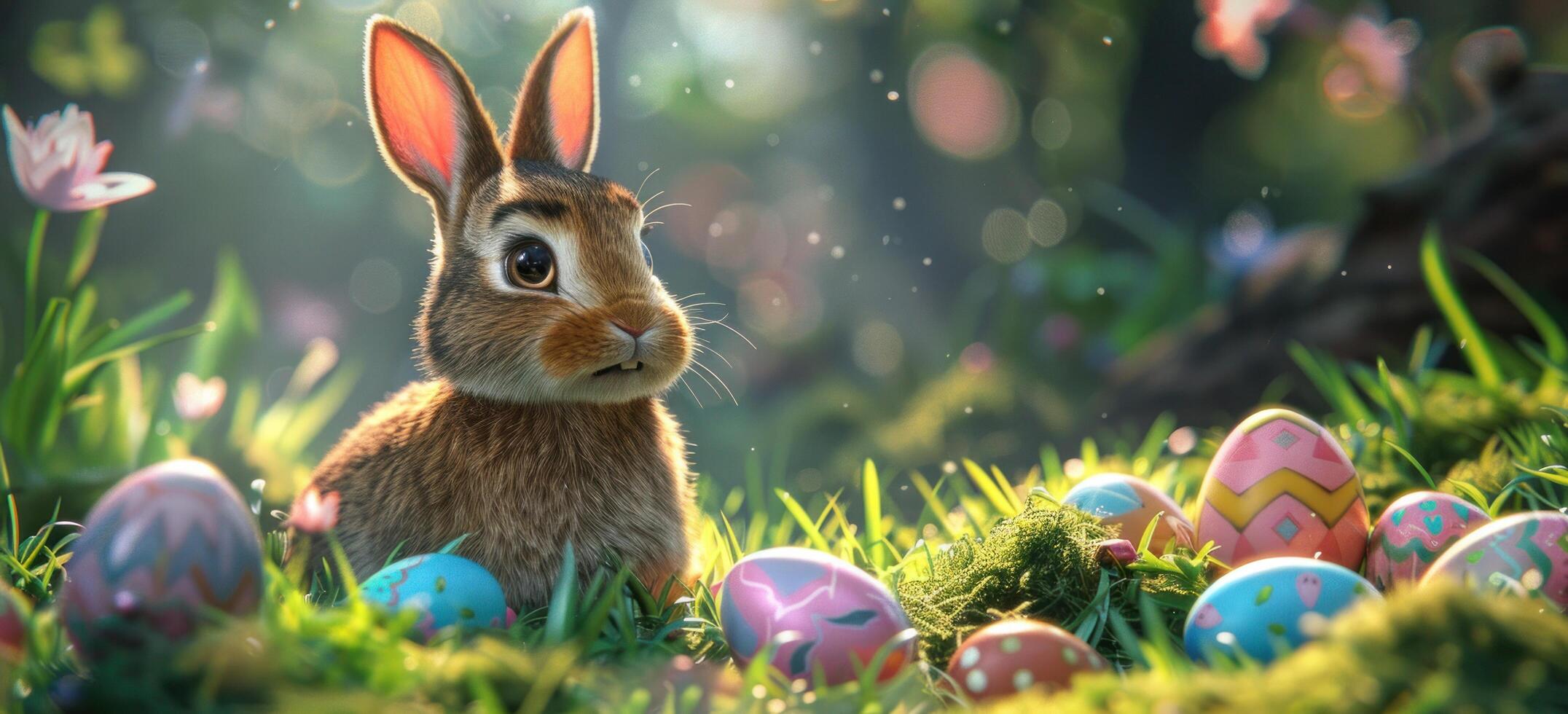AI generated a bunny in the grass with easter eggs photo