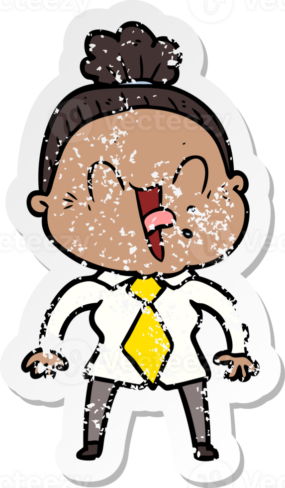 distressed sticker of a cartoon happy old woman png