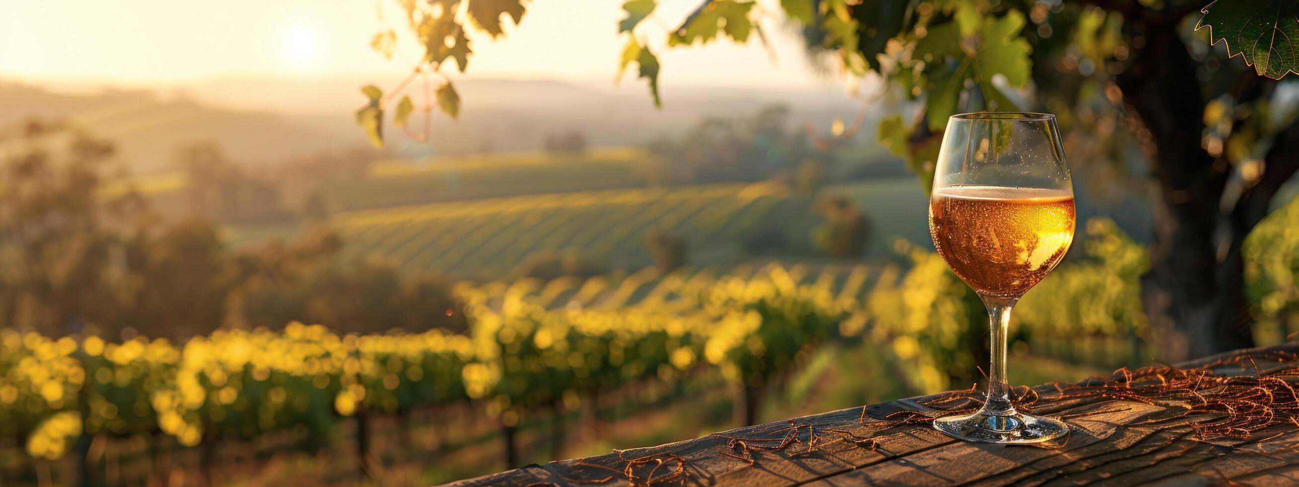 AI generated a glass of white wine sitting on a table in front of vineyards photo