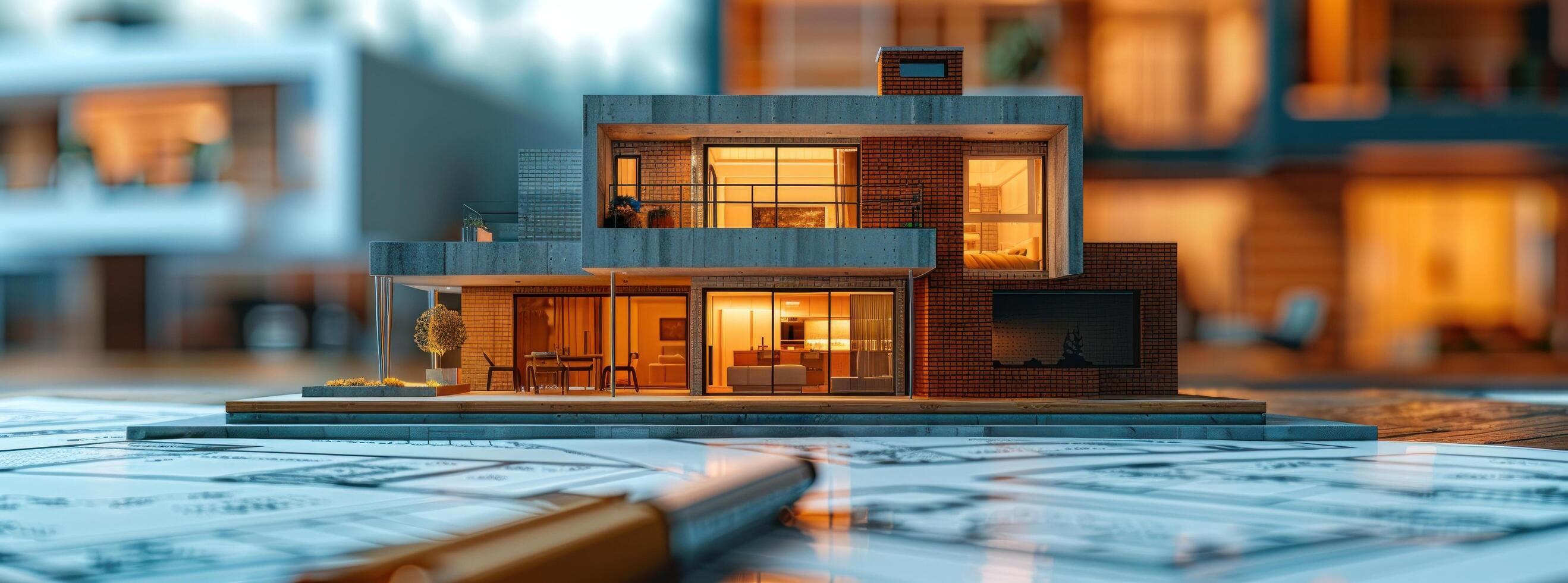AI generated a house on top of blueprints and bricks photo