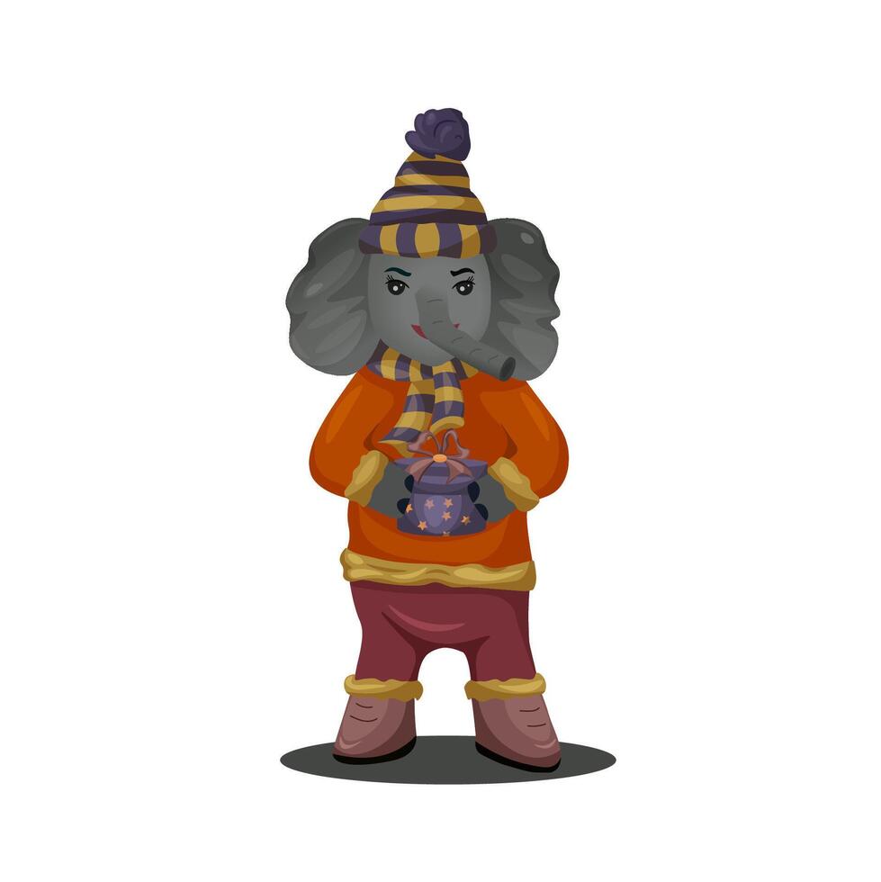 Character design. Elephant with a gift in winter clothes. Postcard. Vector illustration in cartoon style