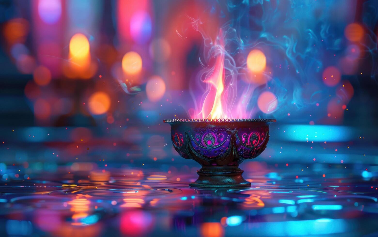 AI generated a lit indian incense lamp is sitting on a table with bokeh photo
