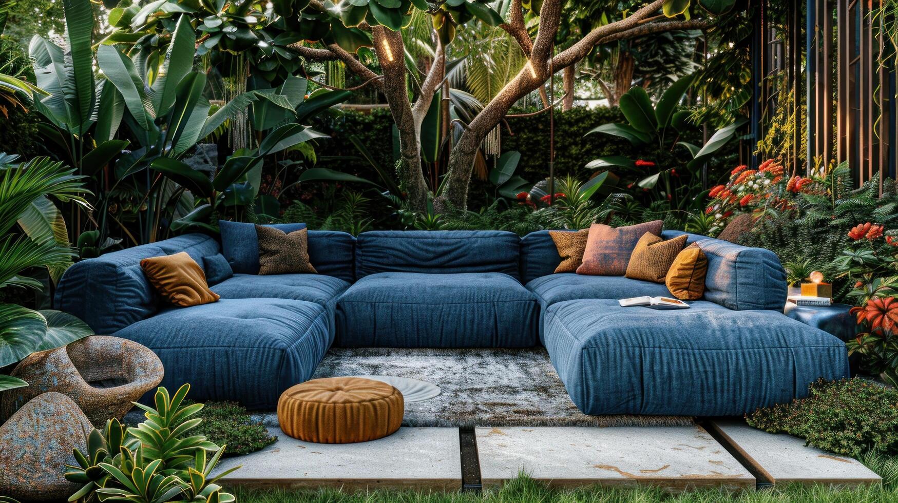 ai generado un grande pedazo de azul sofá conjunto en un jardín foto