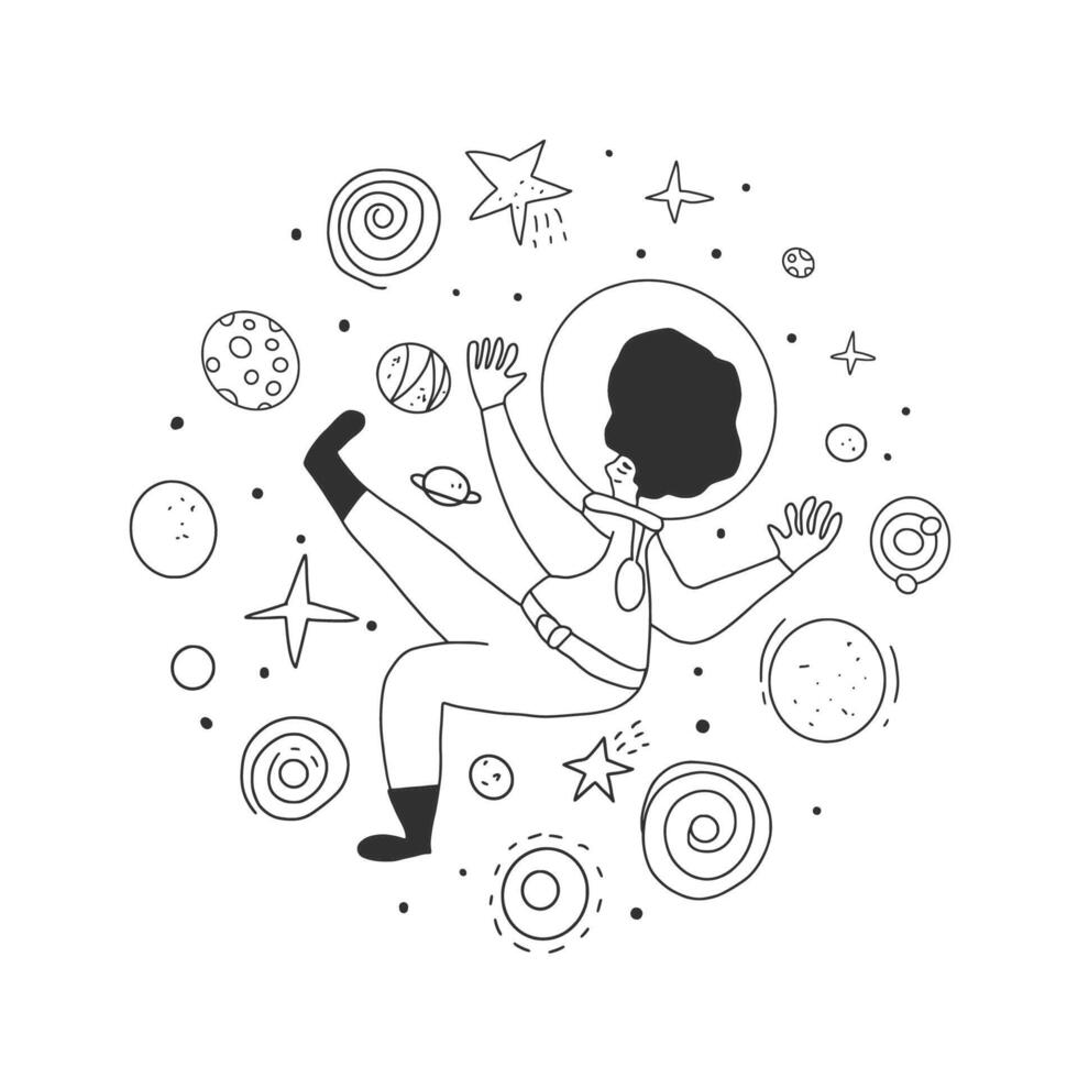 Astronaut with planets at open space in doodle style. Cosmonaut floating in universe surrounded stars. Round badge with symbols of space tourism. Vector black and white design illustration.