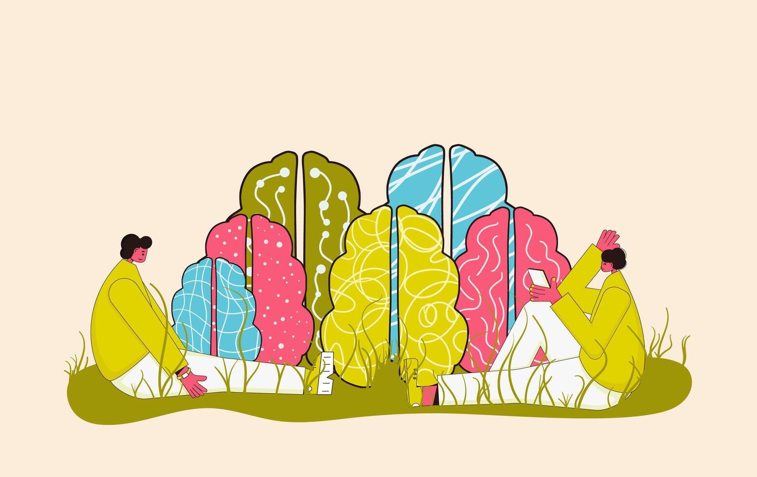 Sad friends sitting near different brains. Neurodiversity symbol. ADHD and autistic characters. Brainstorming, creative thinking. Human minds metaphor. Vector illustration .