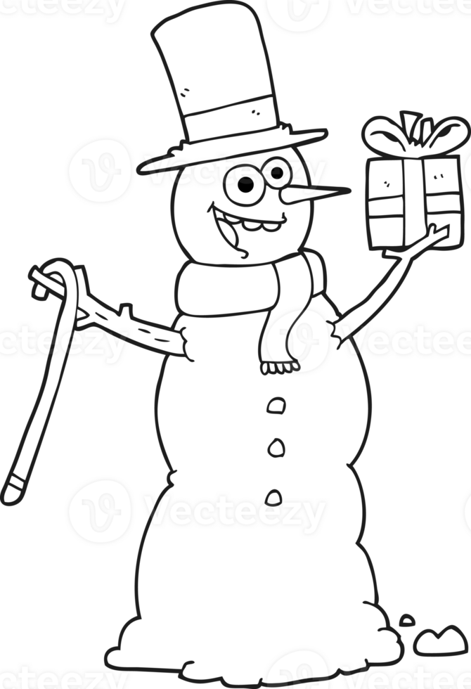 black and white cartoon snowman holding present png