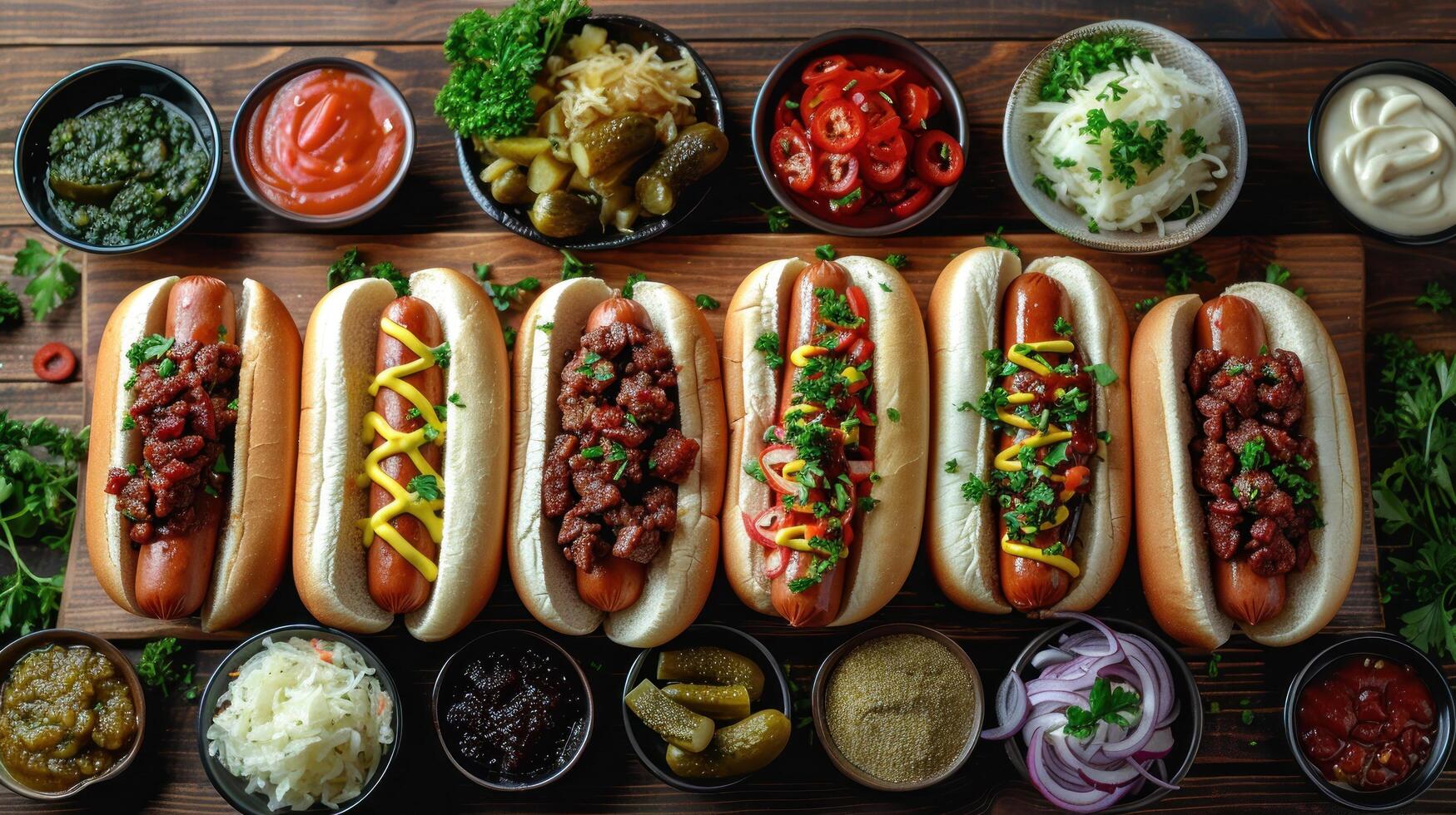 AI generated Row of Hot Dogs With Toppings and Condiments photo