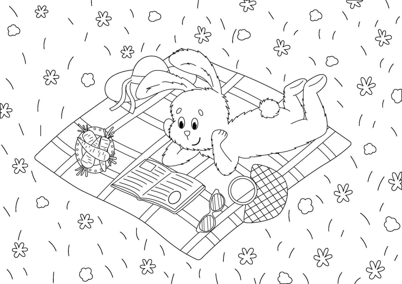 Coloring page with a bunny lying on a blanket on the grass and reading a book vector