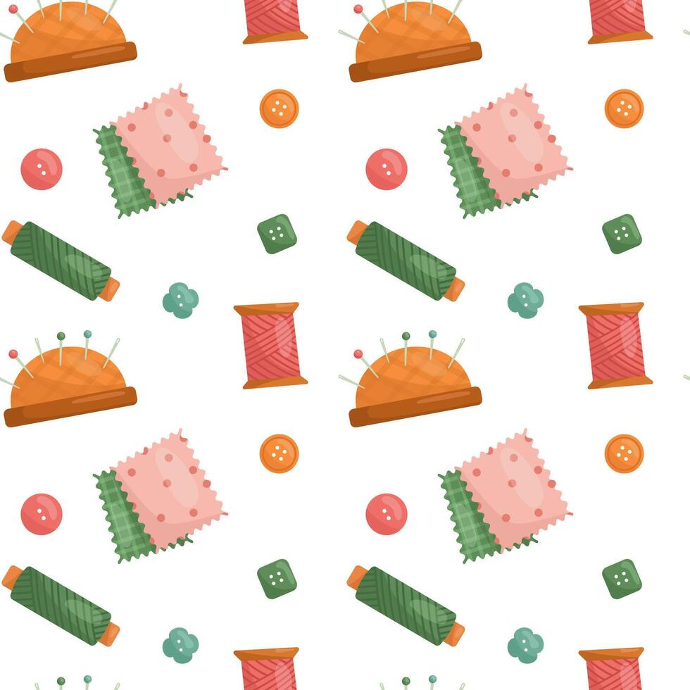 Vector pattern with sewing tools. Pincushion, fabric, threads, buttons