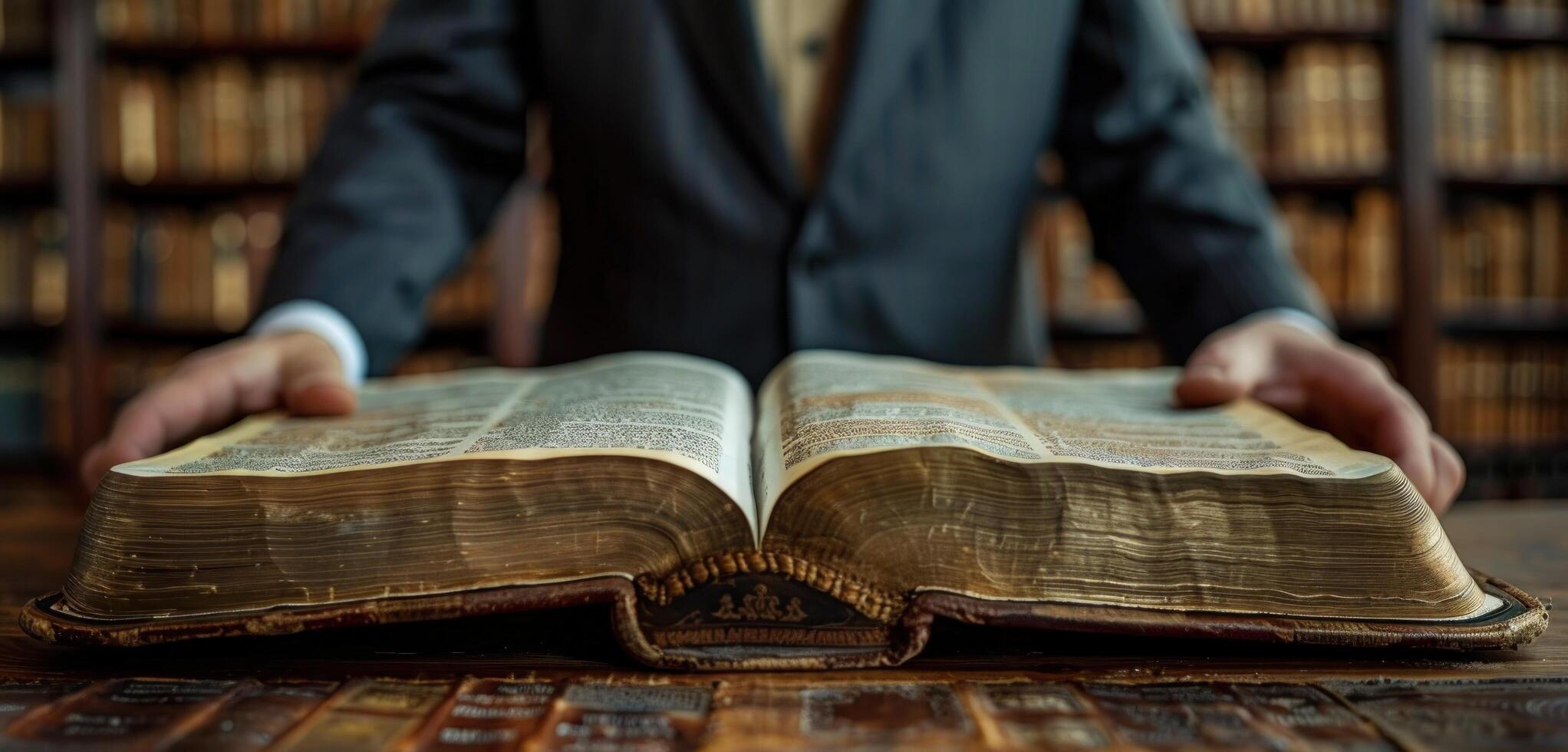 AI generated a man in a suit is standing over a bible photo