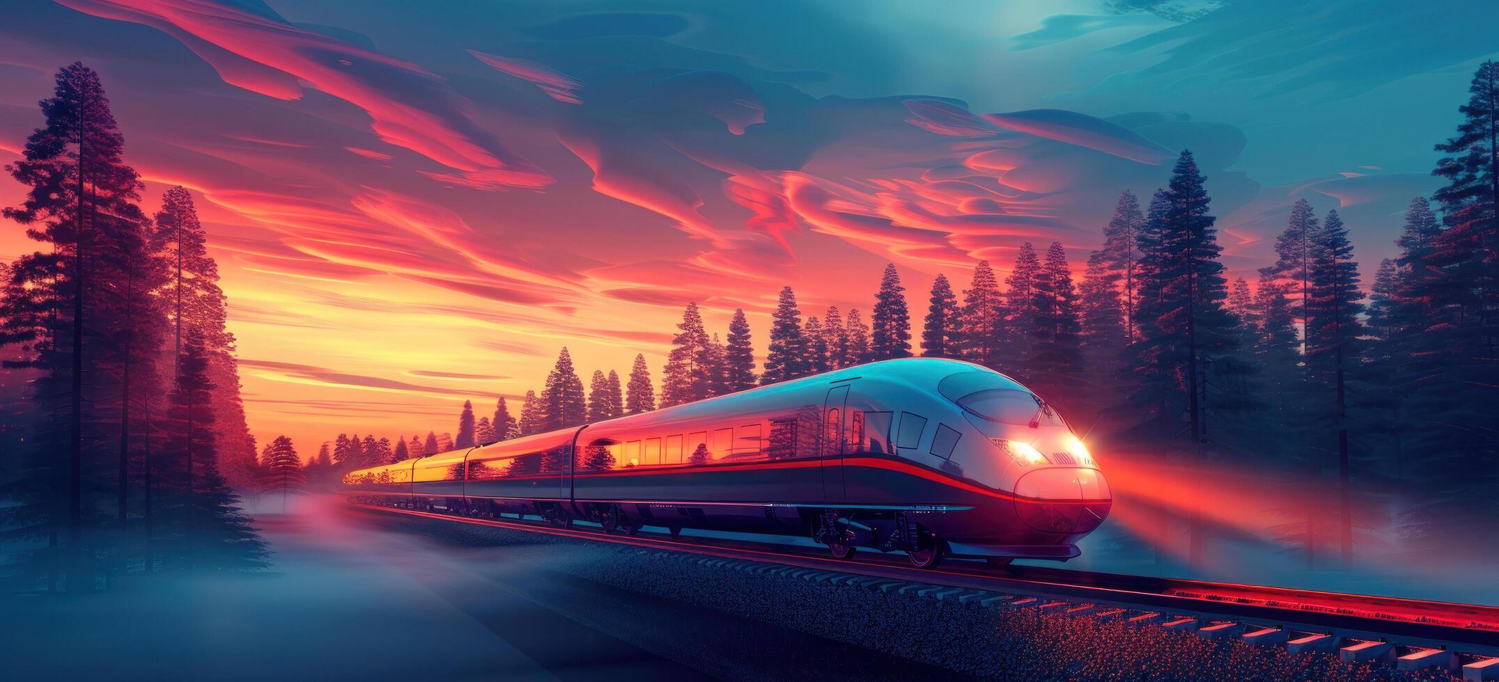 AI generated a luxury fast train traveling through a forest with a cloudy sky photo