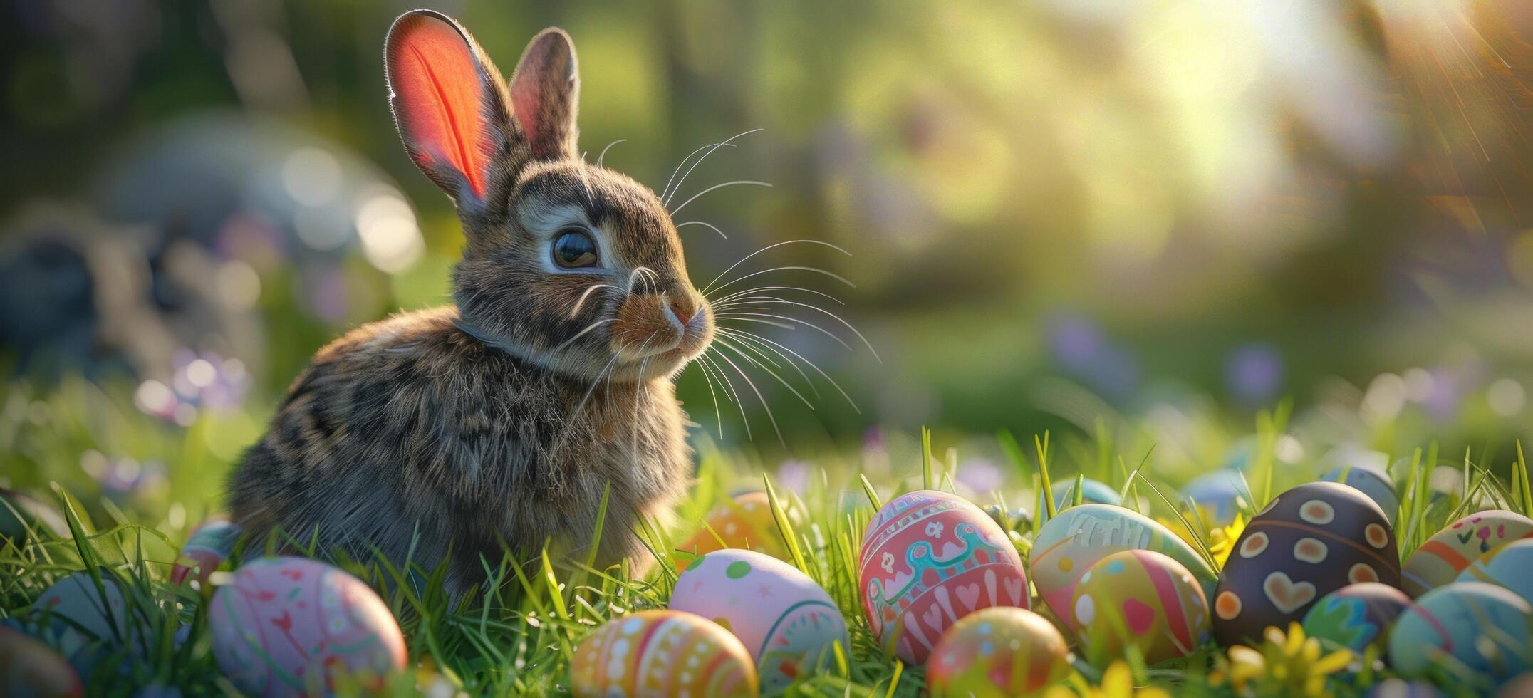 AI generated a rabbit sits in grass with an array of colorful easter eggs photo
