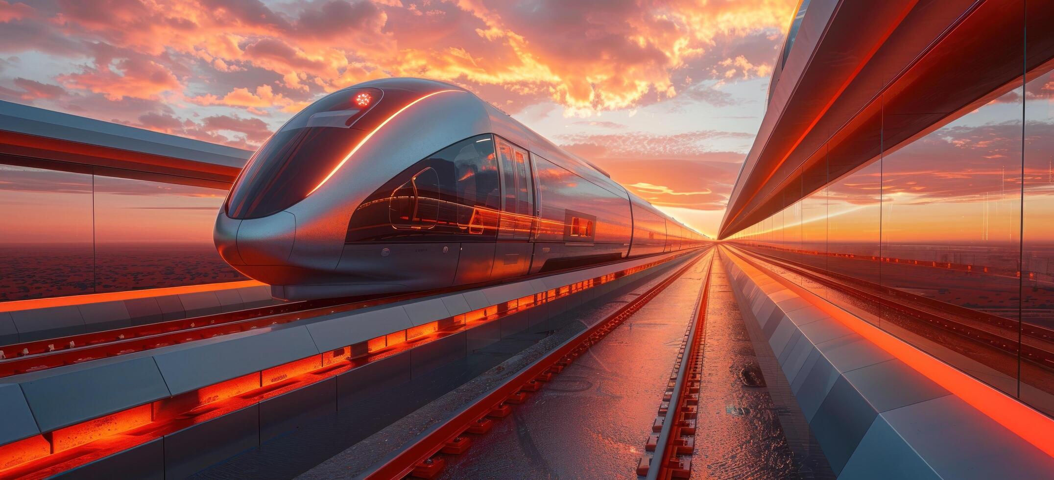 AI generated a train with a cloudy sky is traveling on a red track photo