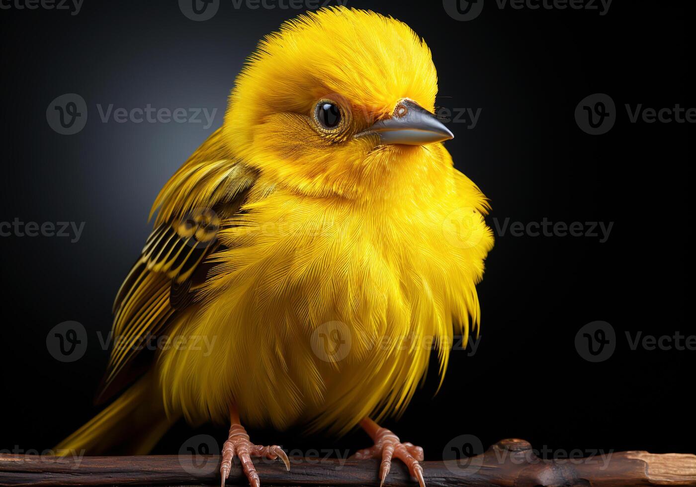 AI generated Small yellow bird on a branch on dark background. photo