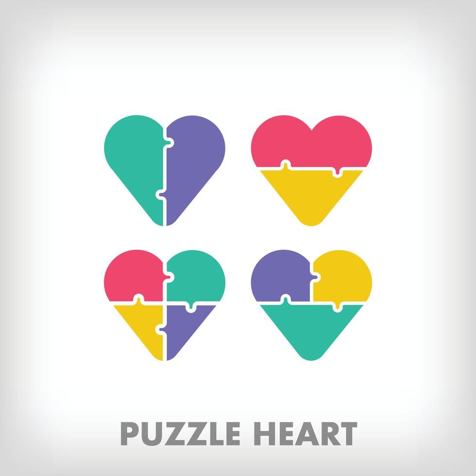 Creative puzzle pieces and 4 different heart logos. Unique color transitions. Health and romantic logo template. vector