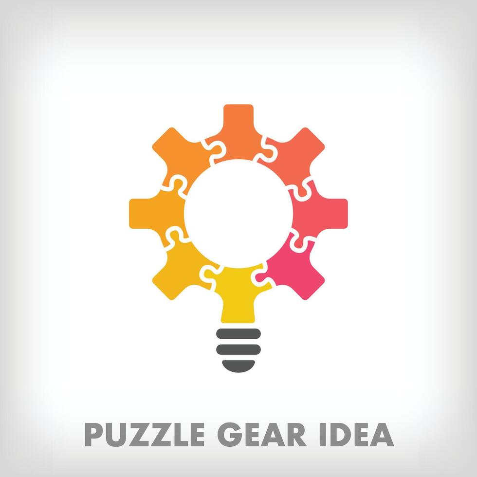 Creative puzzle pieces gear and light bulb logo. Unique color transitions. Education idea, reading and growth stage logo template. vector