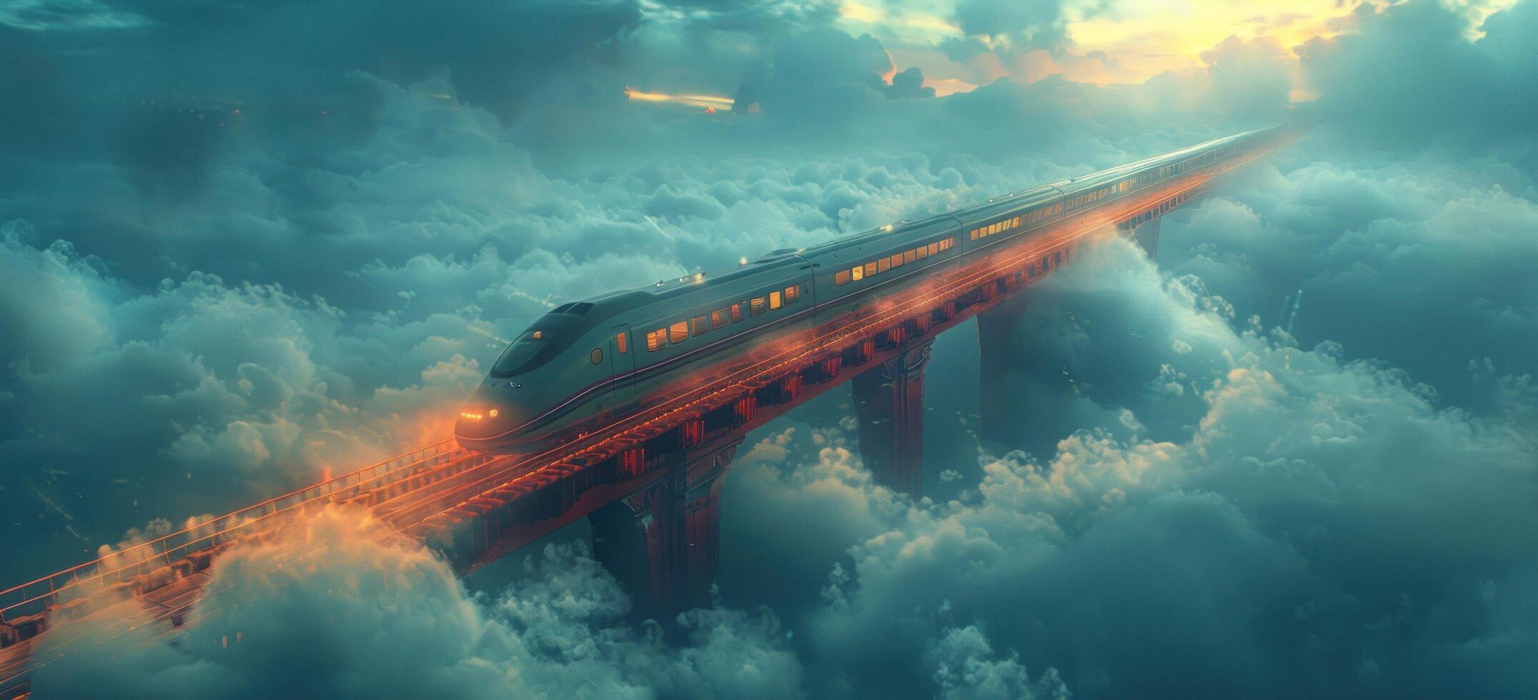 AI generated a train with a cloudy sky is traveling on a red track photo