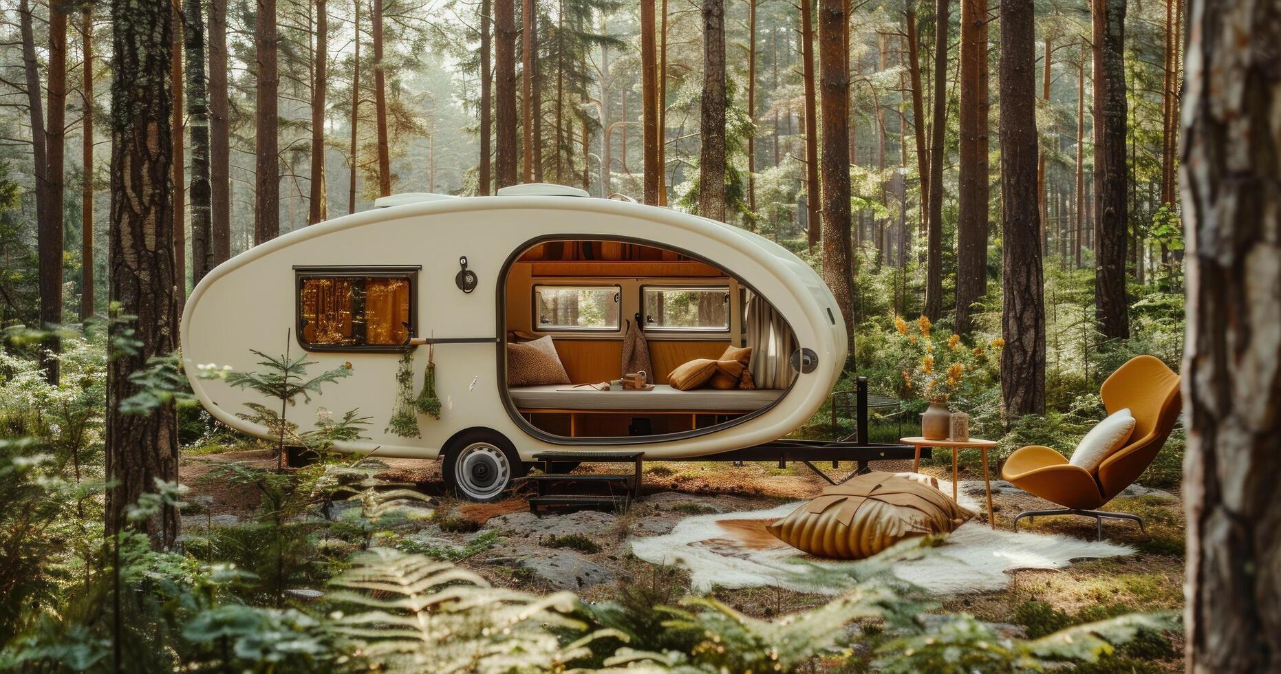 AI generated a vintage travelling trailer in the woods photo