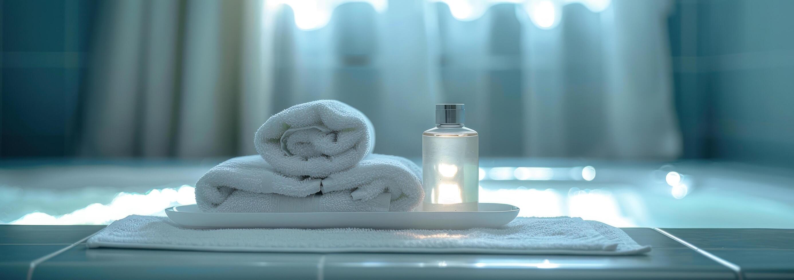AI generated a white tray of towels with a bottle on top photo