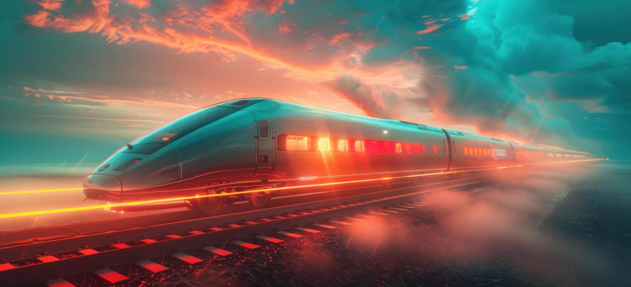 AI generated a train with a cloudy sky is traveling on a red track photo