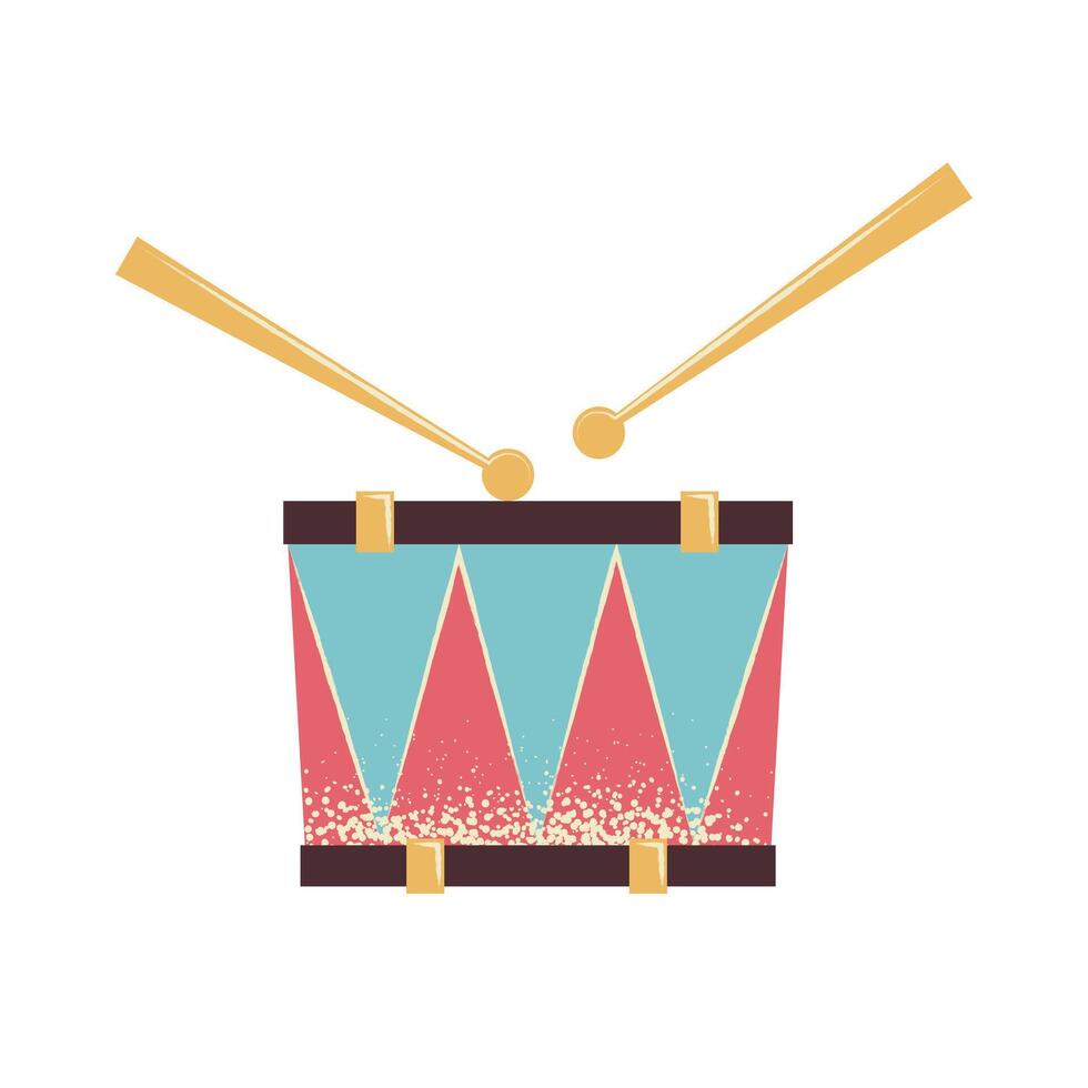 A brightly colored percussive musical instrument - the drum. Symbol of loud music, parade processions and orchestra. Flat vector illustration isolated on fuck background.