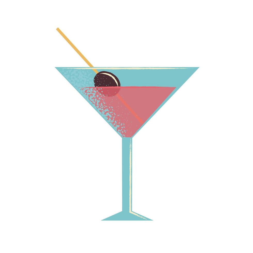 A cool summer cocktail with a straw and an olive. An alcoholic drink in a glass. Symbol of parties and festivals. Flat vector illustration isolated on white background.