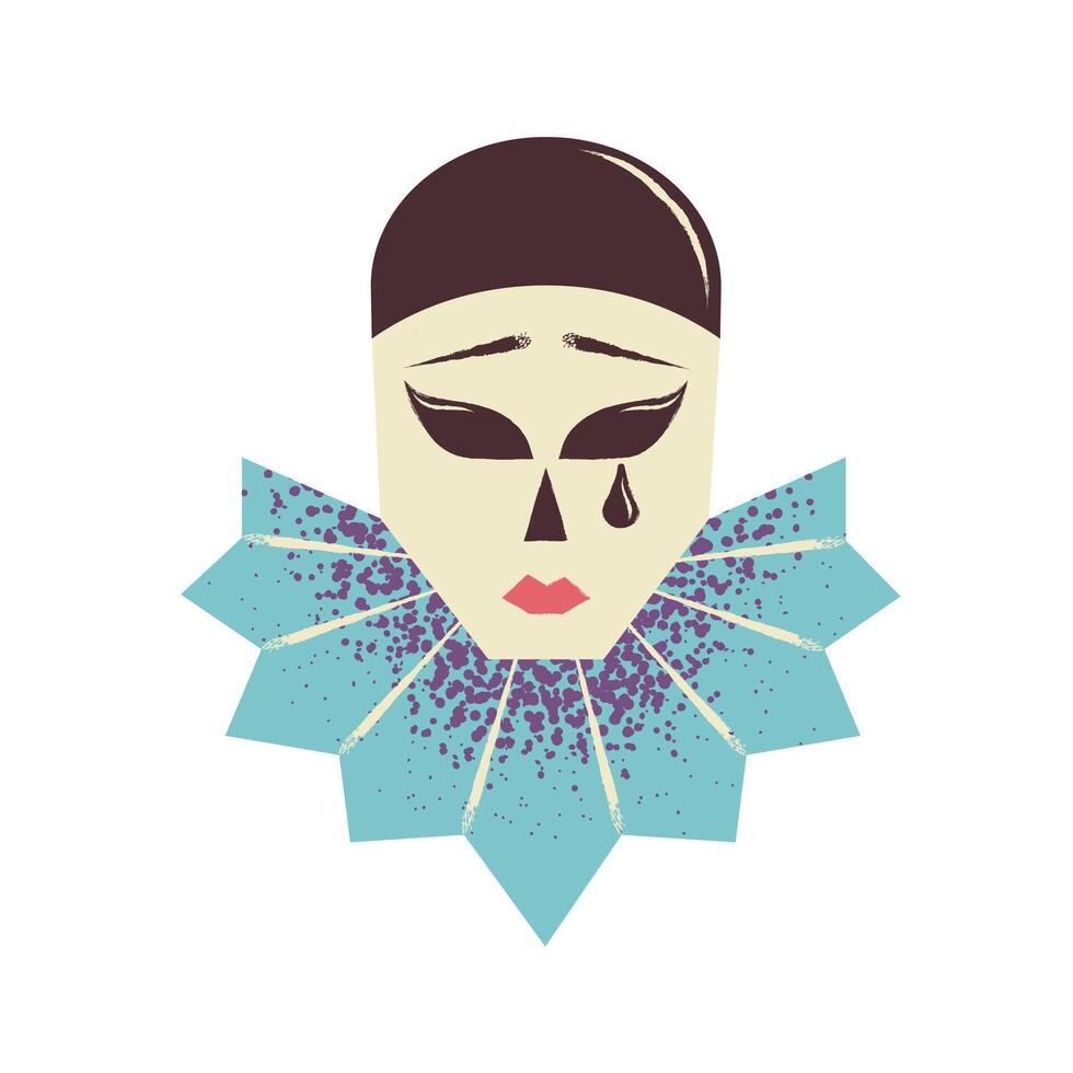 veneciano Pierrot mascarilla. llorando triste payaso. arlequín mascarada traje. plano vector ilustración aislado en blanco antecedentes.