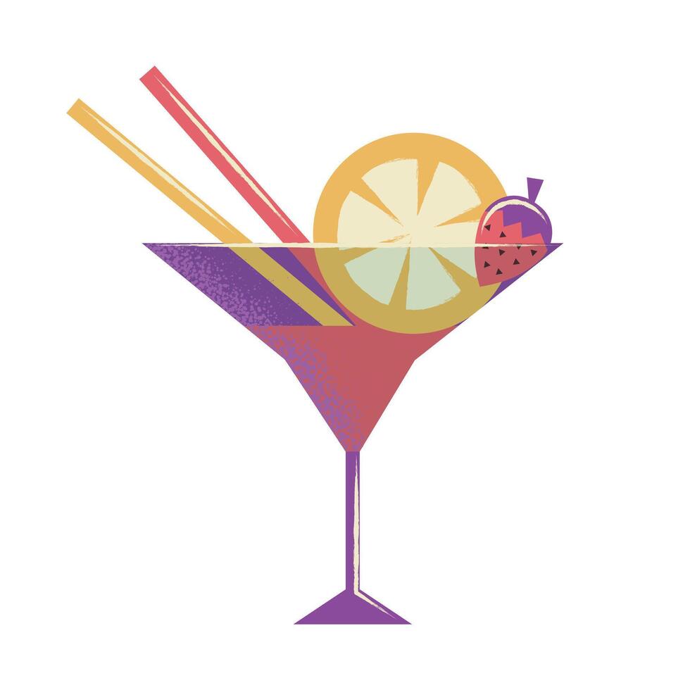 Cool summer cocktail with strawberries and fruit. Alcoholic sweet drink. Symbol of parties and festivals. Flat vector illustration isolated on white background.Web