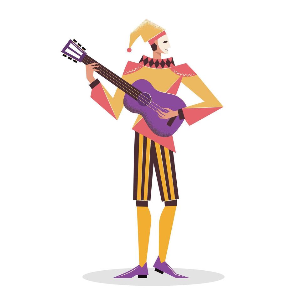 A costumed character in Venetian carnival. Cheerful harlequin with a guitar. A dramatic actor in a theater or circus. Flat vector illustration.