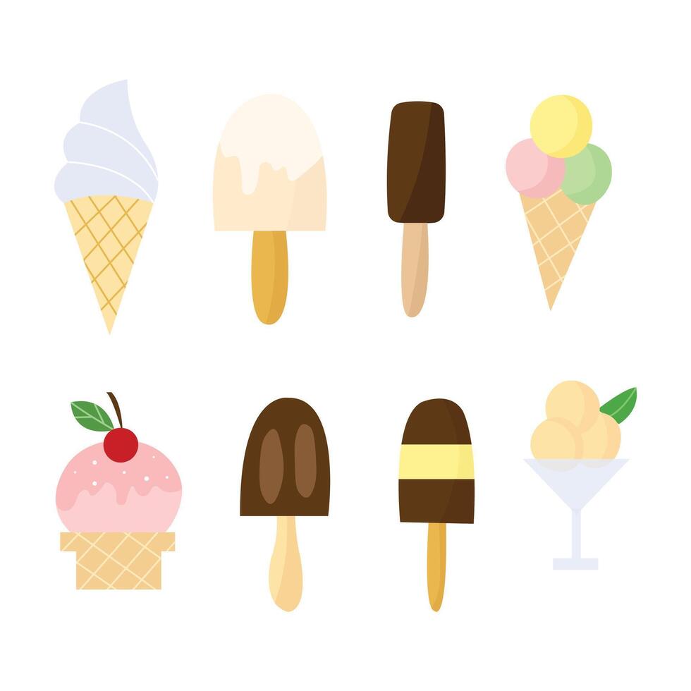 Set of cartoon ice cream illustrations with different toppings. Stickers for sweets shop or cafe. vector