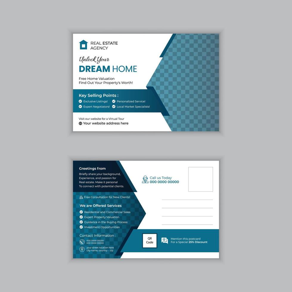 Modern  Elegant Creative Real Estate Postcard or EDDM Design Template Layout for Home Sale, Corporate Business Postcard Template Design, Simple and Clean Modern Minimal Postcard Template vector