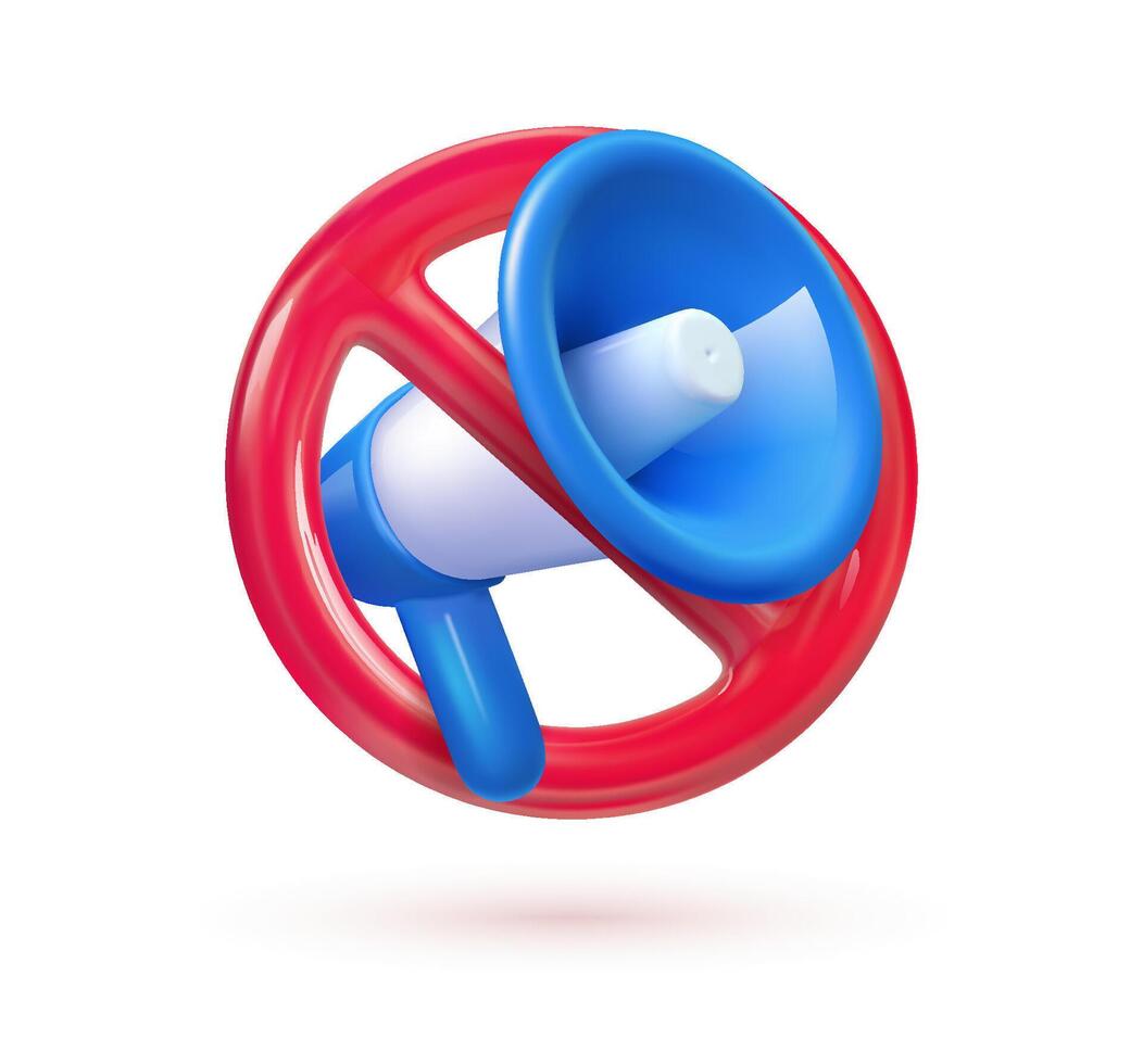 Prohibition vector isolated icon. Blue loudspeaker with red prohibition illustration. Attention of warning, danger, fake news. Prohibition of meetings, strikes and protests