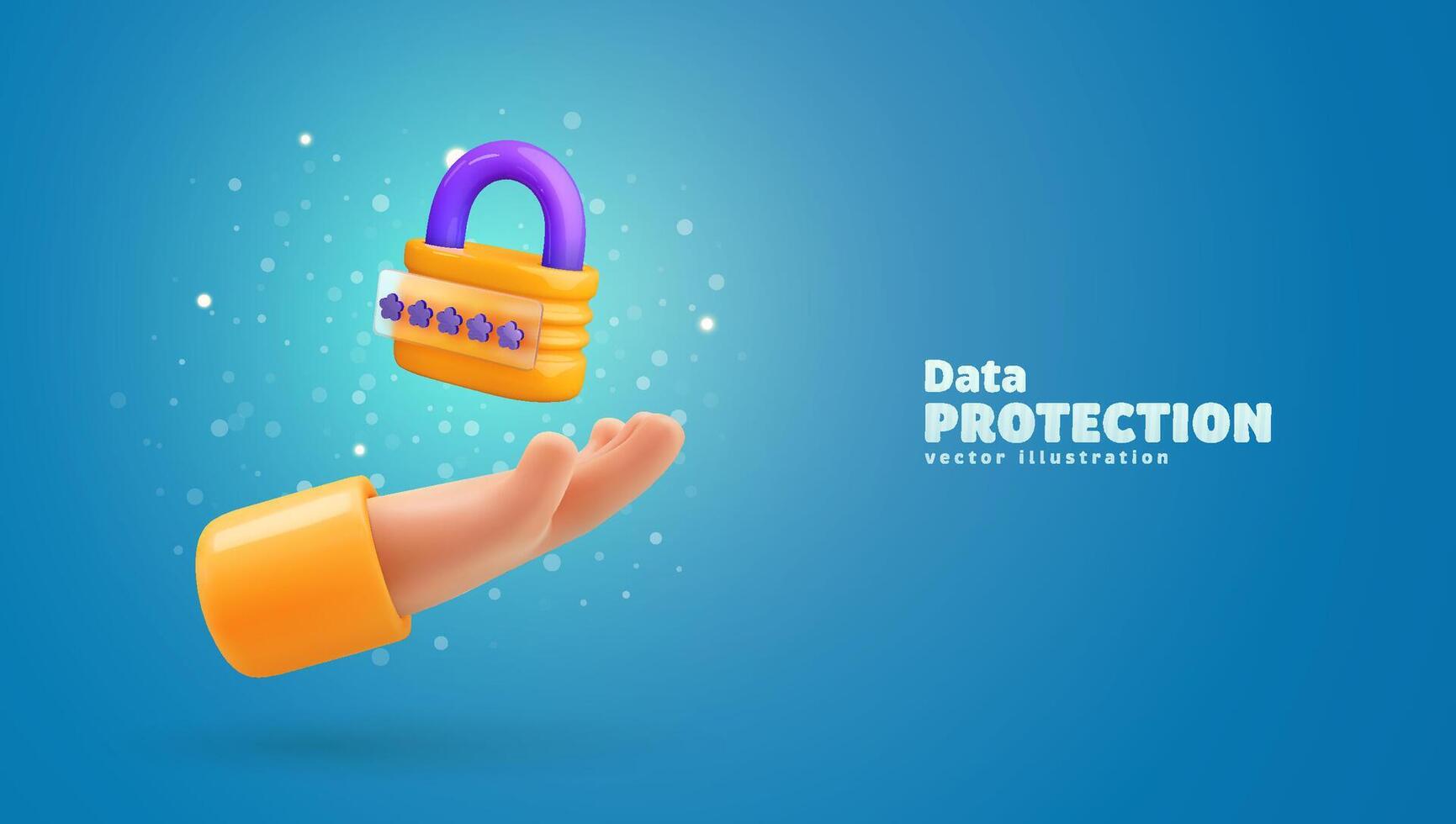 Data protection, safe information, encryption datum, protection network, privacy account. Yellow digital security lock over human hand. Padlock with password cartoon design on blue background. vector