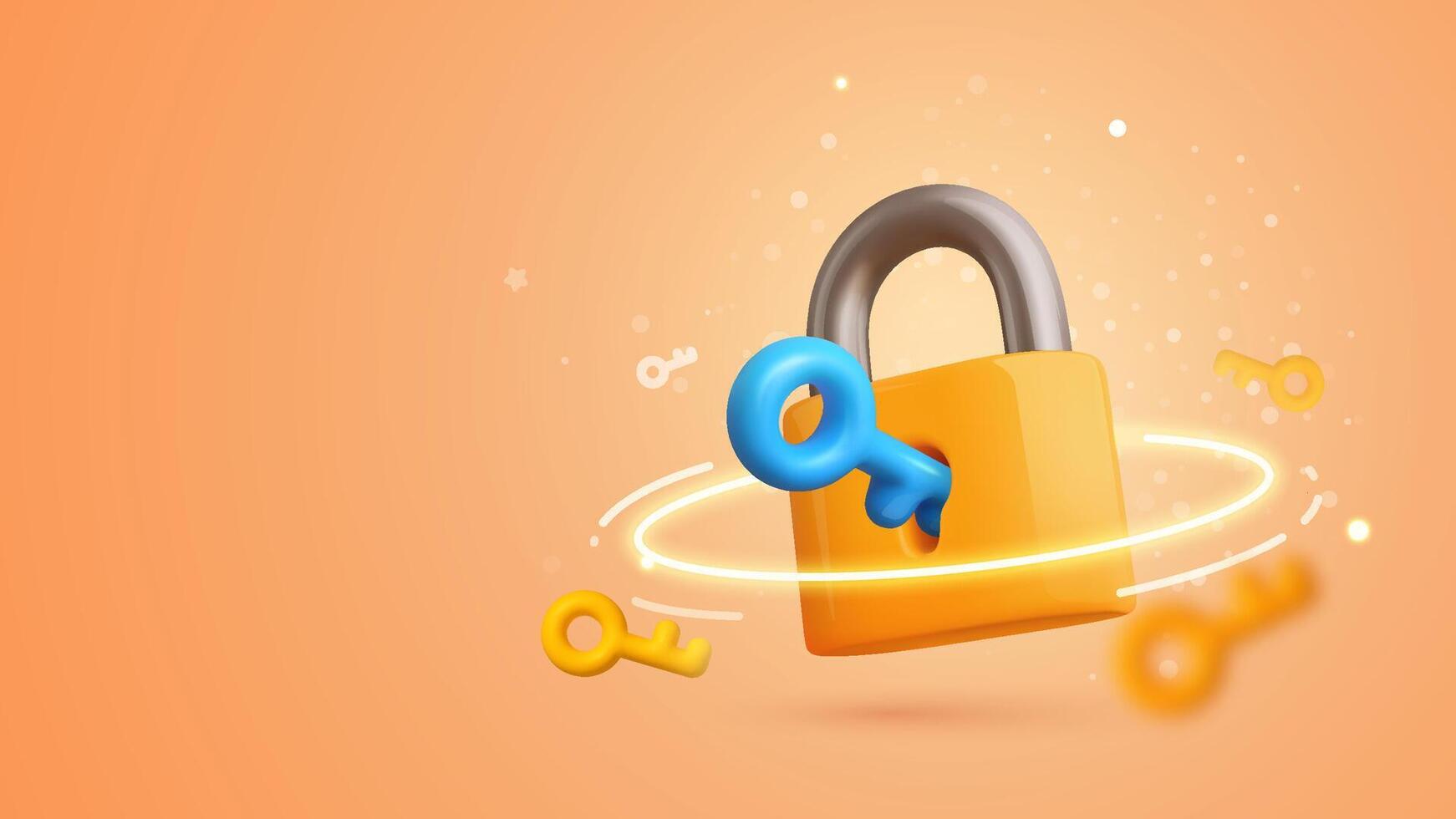 Safety, encryption, protection, privacy, data access. Yellow padlock with keyhole and blue key 3d cartoon vector illustration on orange background with light effects.