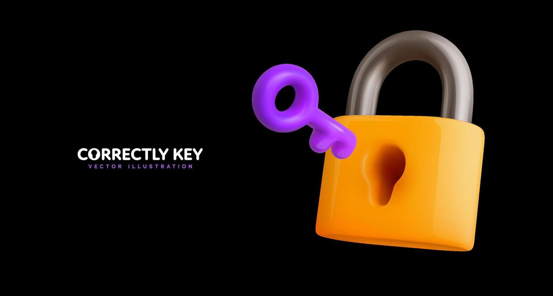Safety, encryption, protection, privacy signs. Yellow digital security lock. Yellow padlock with keyhole and purple key 3d cartoon design on black background. Vector illustration