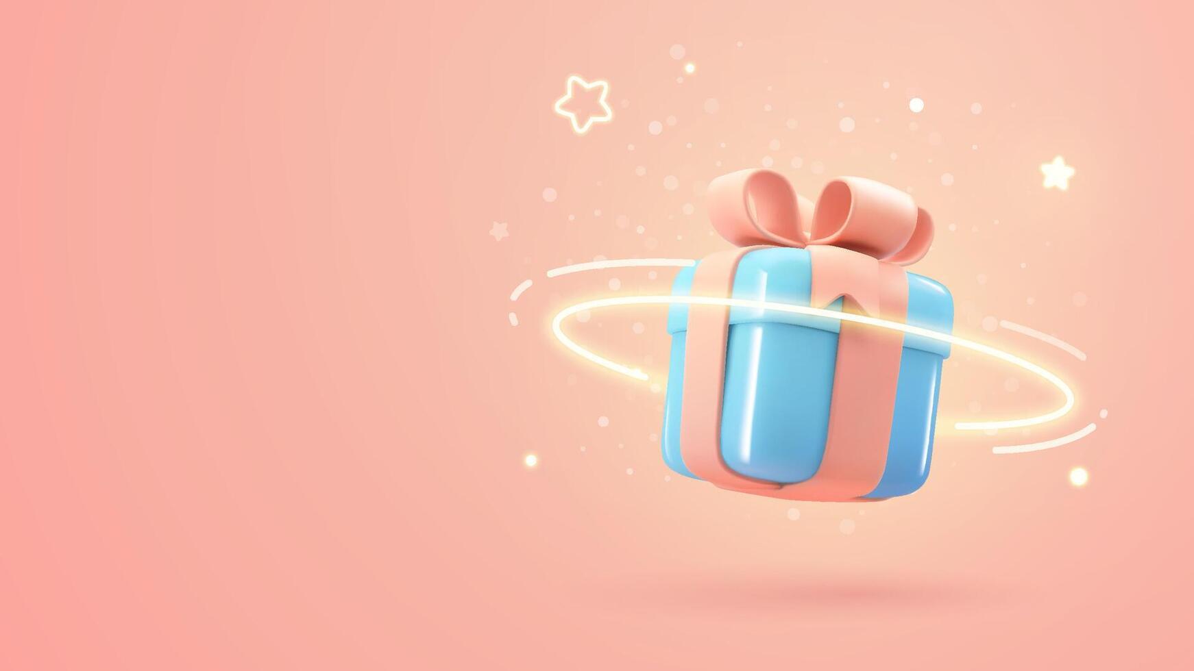 3d cartoon magic gift box with light effect vector illustration. Blue gift box design element on soft pink background.