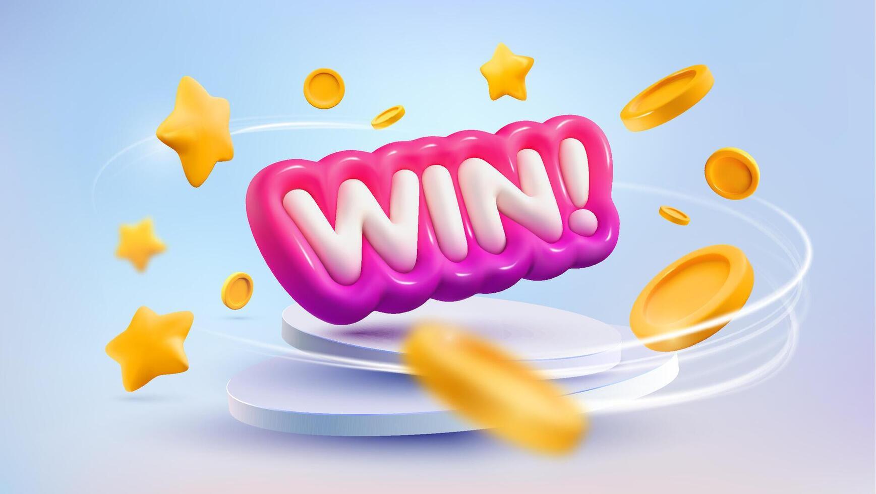 Celebration of win with flying around coins and stars on light background. Winning vector illustration. 3d realistic inflated winword on podium.