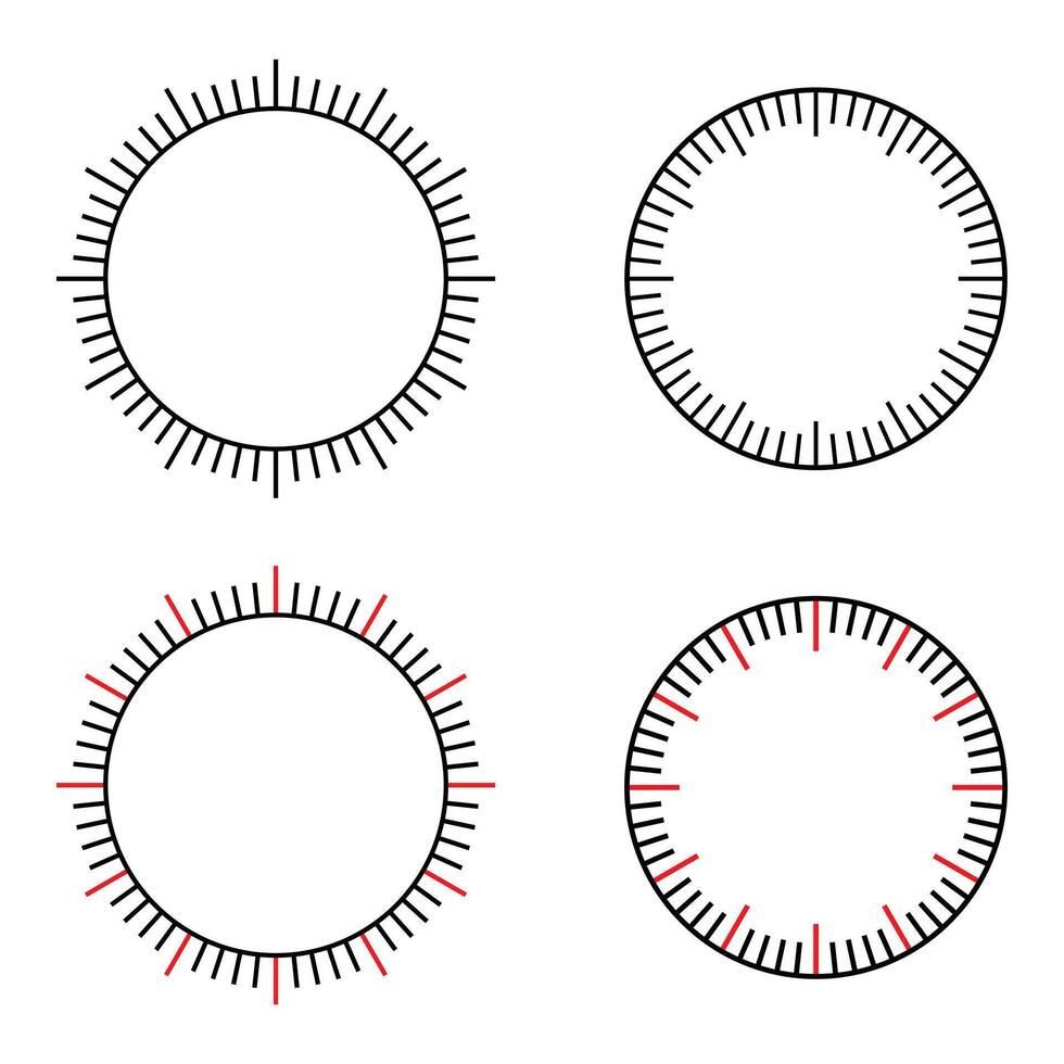 Divided into minutes and seconds round meter scale blank mechanical clock face. vector