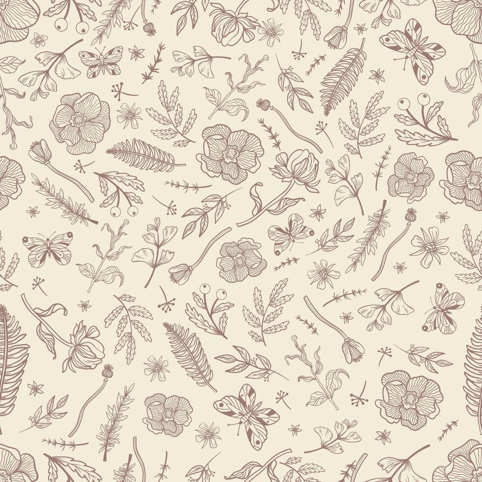 Vintage Line Art Flower Seamless Pattern Background vector