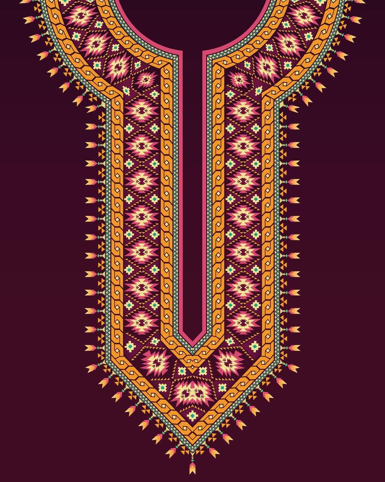 The colorful neckline design with Navajo ethnic patterns on dark purple background for Indian kurta vector