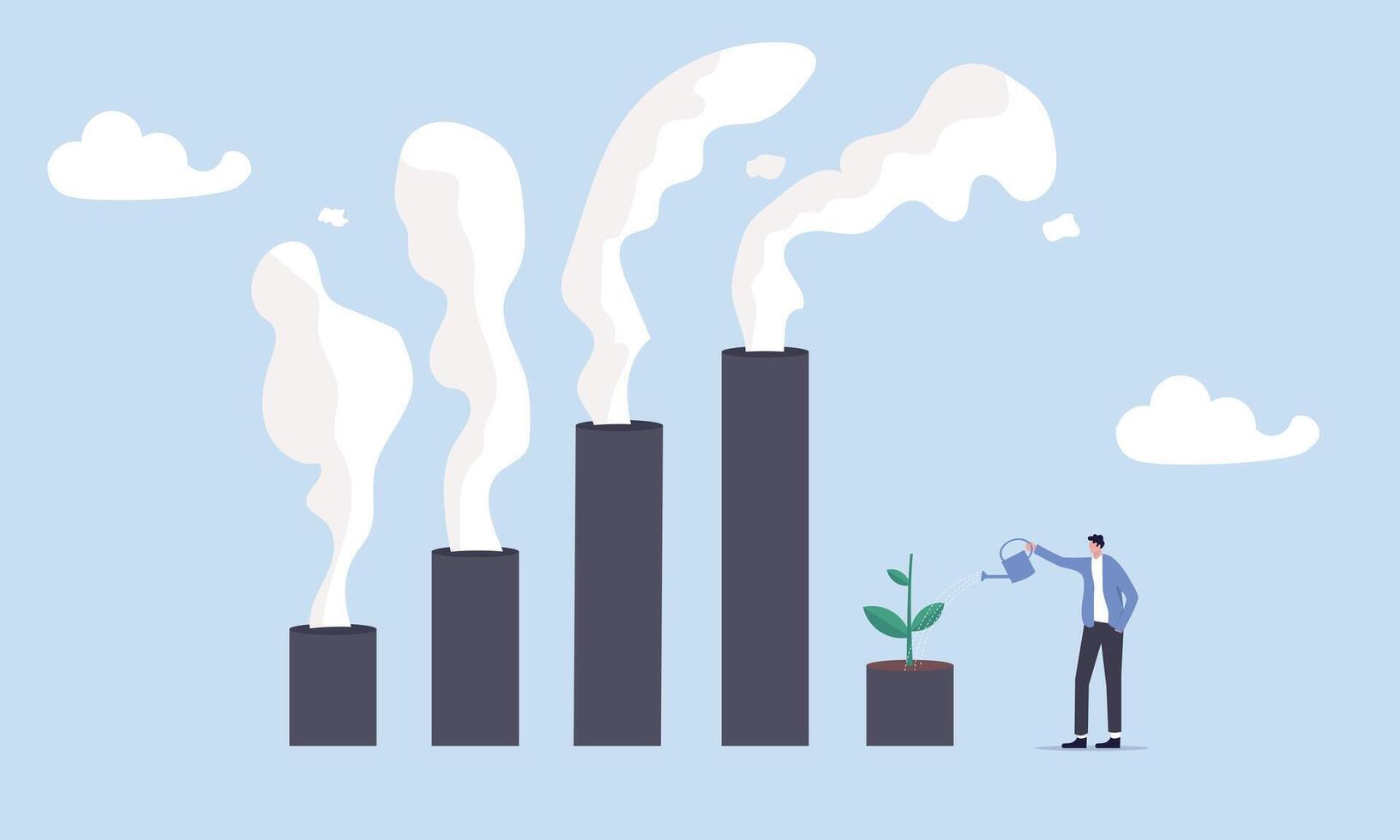 Businessman leader watering seedling plant on bar graph with pollution smoke rising up, climate crisis and environment policy, ESG or ecology problem concept vector