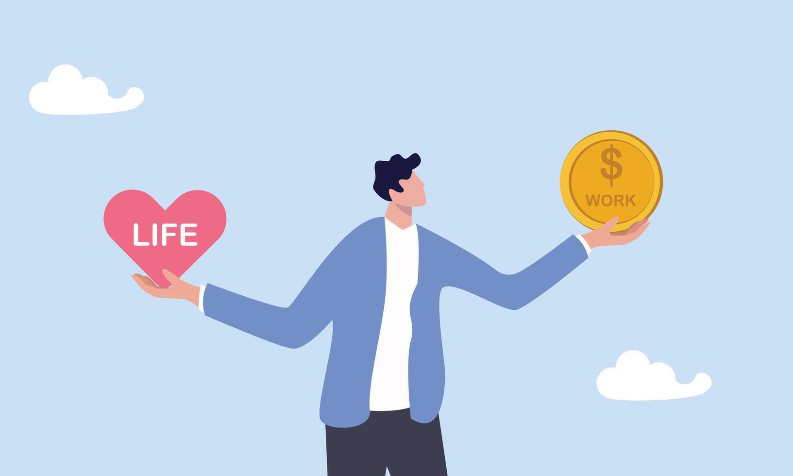 Confuse businessman with big coin with the word work and life heart shape in other hand, work life balance, choose between spend your time with family and yourself or hard work to make money concept vector
