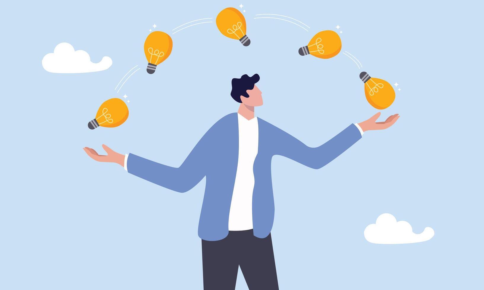 Creativity and ideas, innovation or skill to success in business, best Skillful businessman juggling lightbulb lamp metaphor of plenty ideas Illustration vector