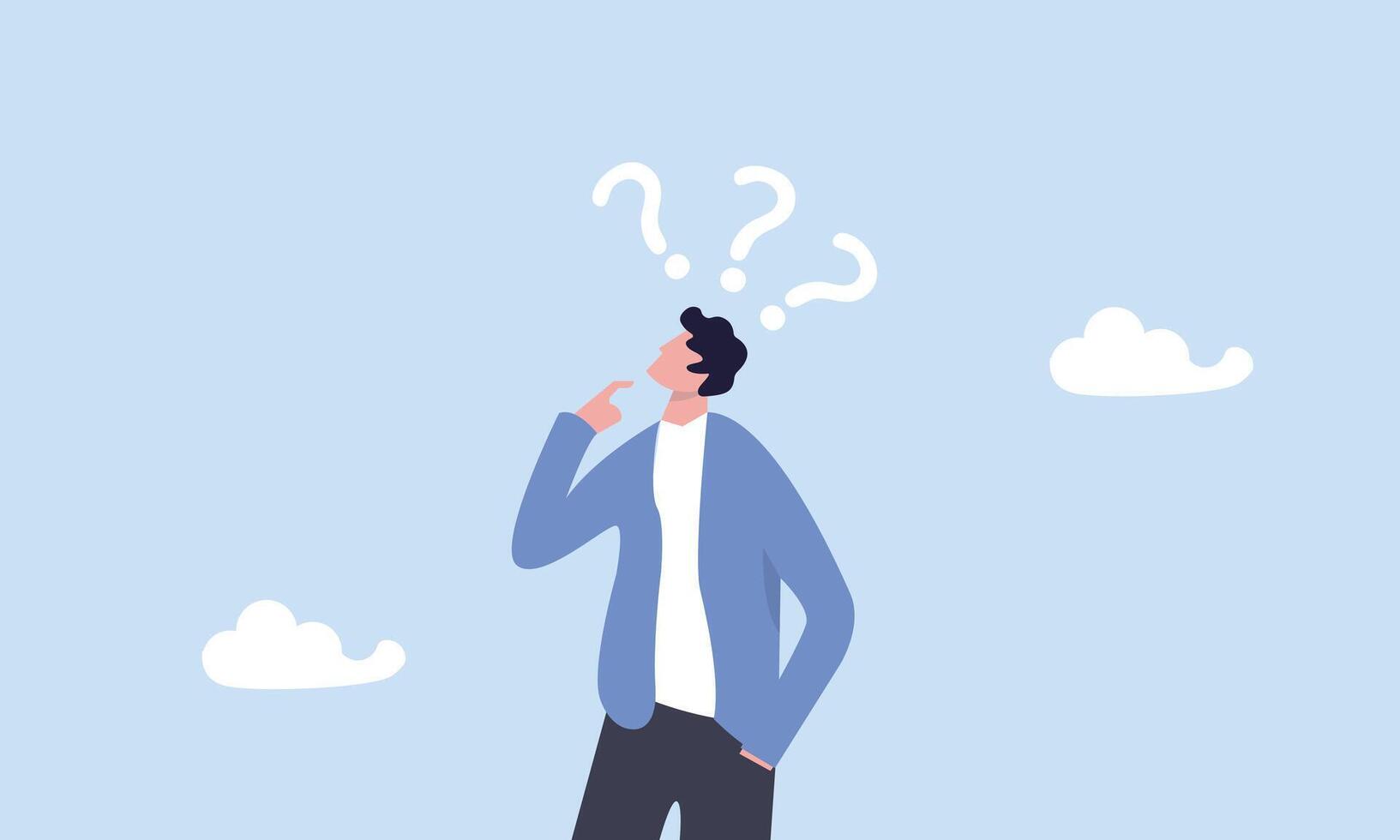 Skeptical, distrust or questioning about business deal, thinking to make decision, doubtful or confusion concept, businessman with suspicious gesture thinking about things with question mark signs. vector