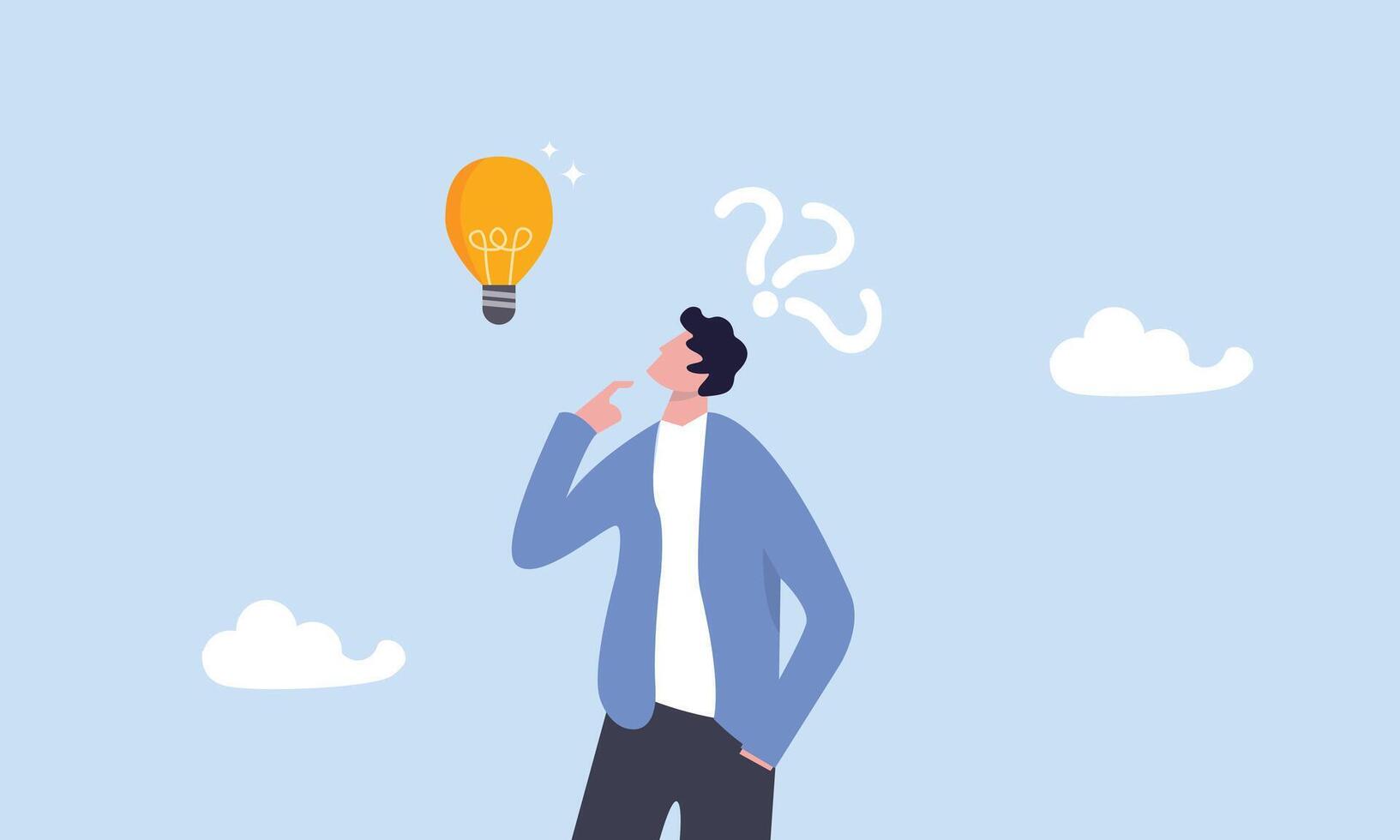 Solution to solve problem, discover idea, solving business difficulty concept, asking question and answer, thoughtful businessman think of solution to solve problem with lightbulb and question mark. vector