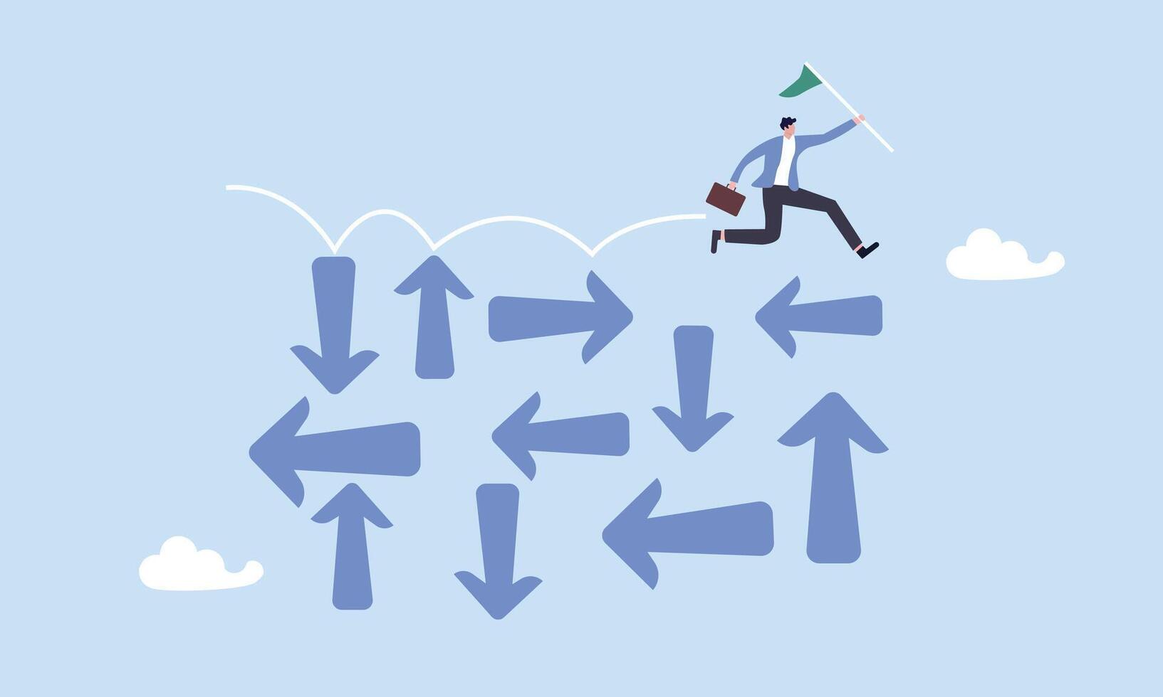 Businessman jumping on uncertainty random direction arrows, overcome uncertainty, make decision or determination to achieve success, adversity or courage to solve problem or difficulty concept vector