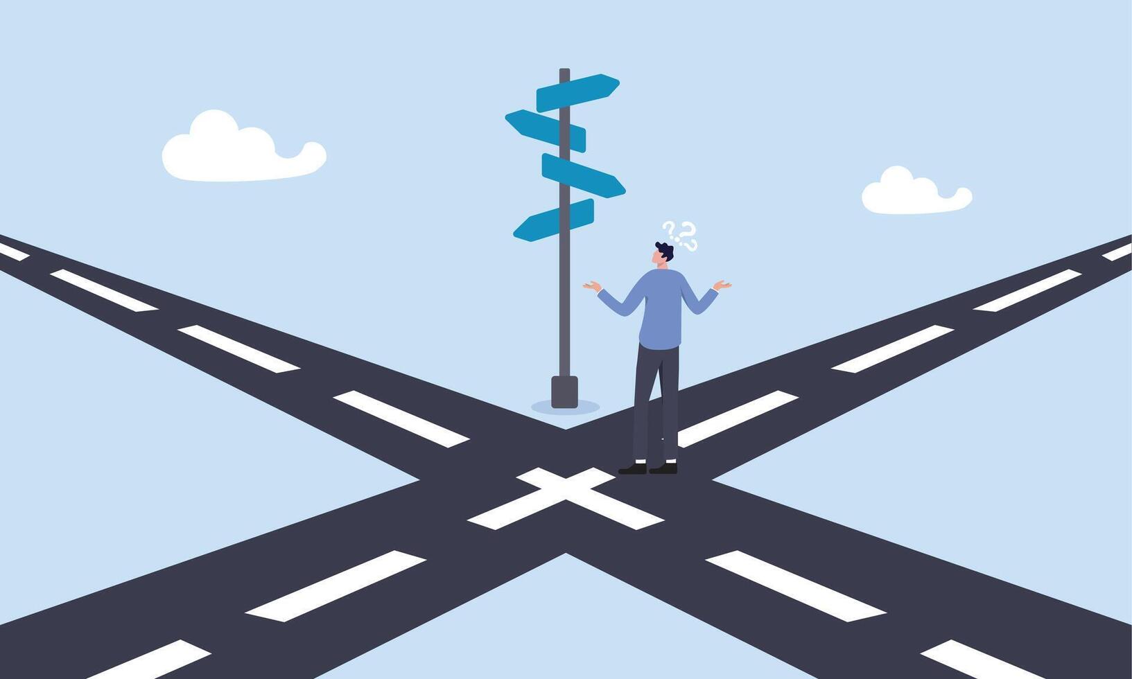 Business crossroads, finding solution or direction for success, confusion or what next challenge, opportunity choice or alternative concept, confused businessman at the crossroads thinking way to go. vector