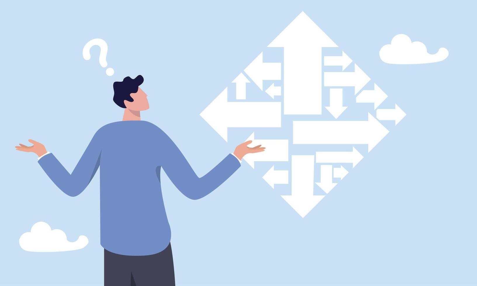 confusión, frustración o toma de decisiones, desorden, dilema o problema complicado, falta de comprensión, concepto incierto, hombre de negocios frustrado y confundido mira las flechas de dirección con signos de interrogación. vector