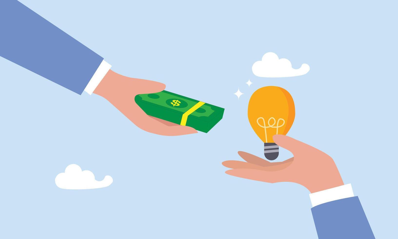 Businessman hand with money buying an idea exchanging ideas for money vector, hand holds money, hand holds light bulb. Buy idea, investing in innovation, modern technology business concept. vector