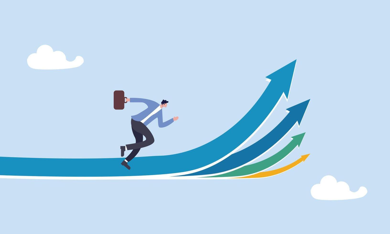 Businessman running to different arrow pathway, career decision, choosing direction choices for future opportunity, different path to success, decide or progress options for career growth concept, vector